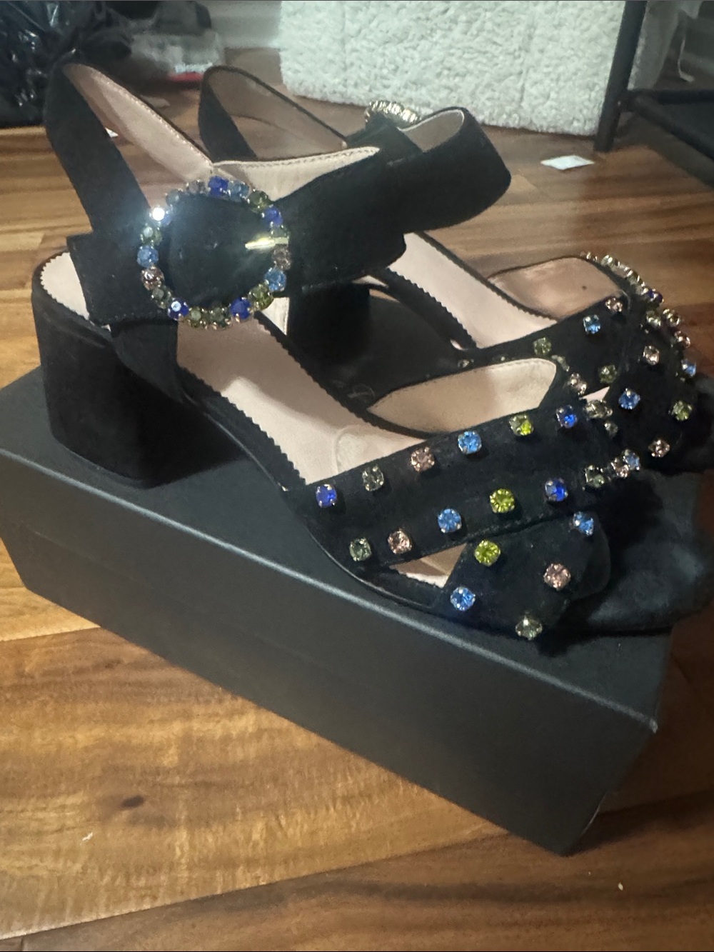 Jcrew Black penny sandal with jewels Jeweled Block Heel with box